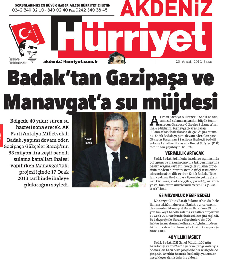 Hürriyet Akdeniz - Badak'tan Gazipaşa ve Manavgat'a Su Müjdesi - 23 Aralık 2012